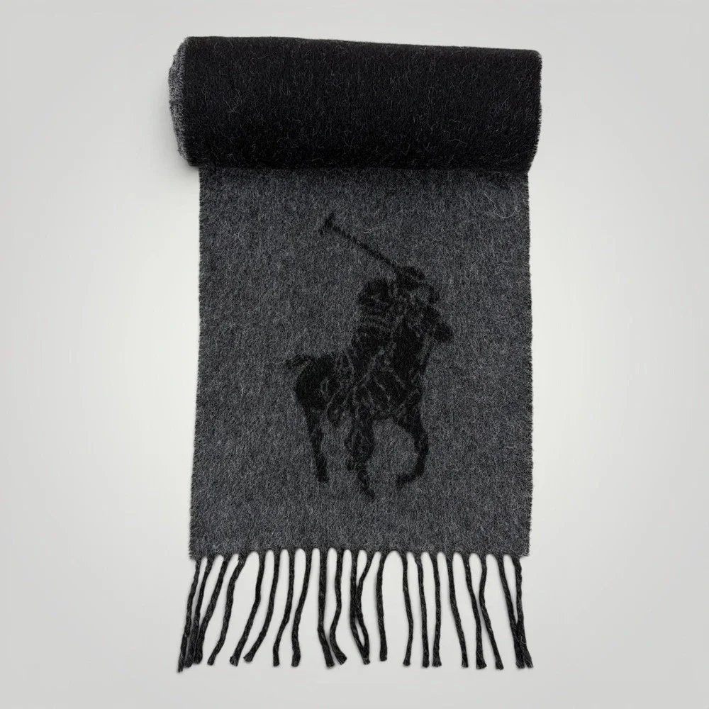 Polo Ralph Lauren Scarf Mens Gray Reversible Wool Fringe Italy Big Pony Logo